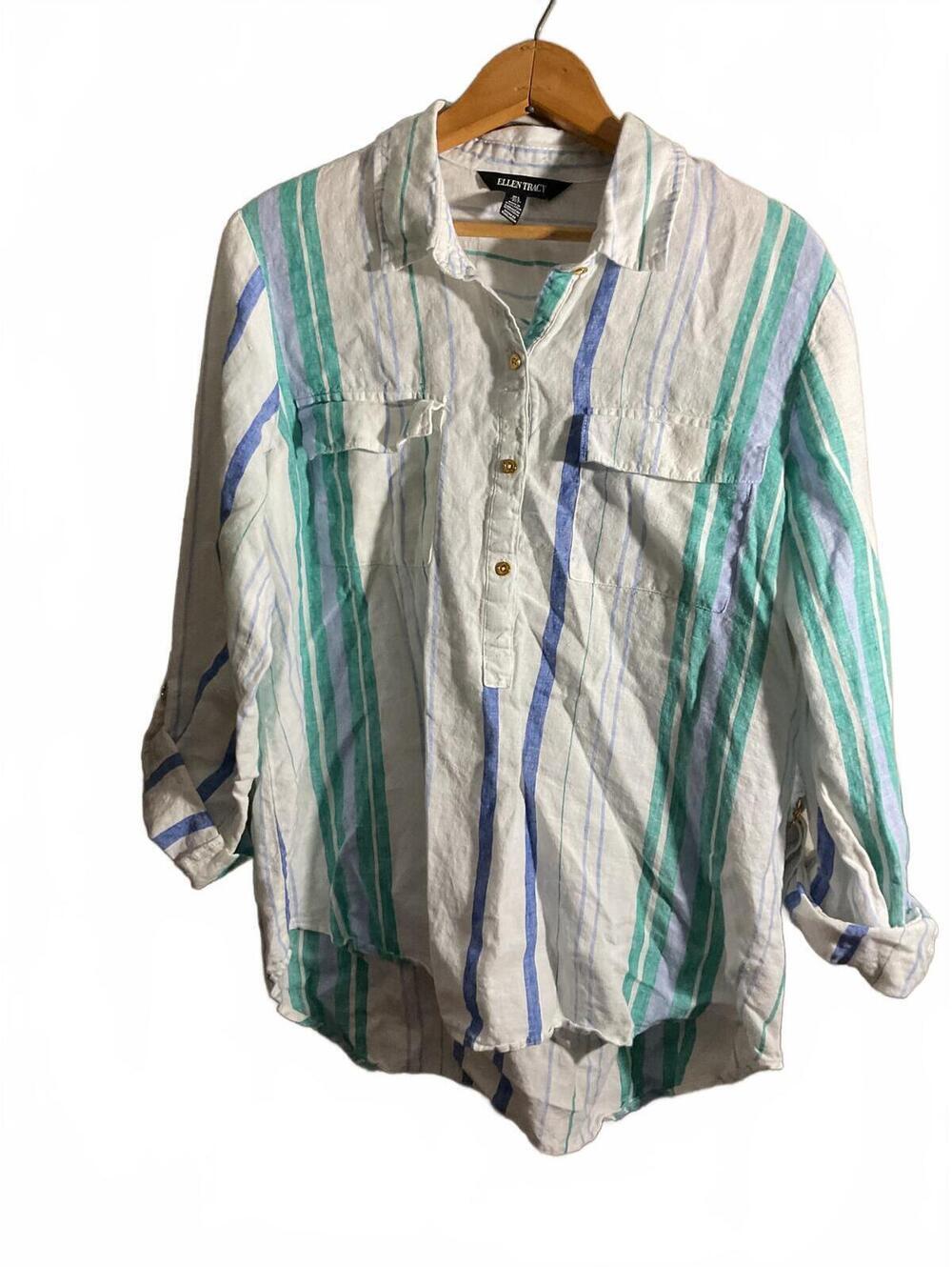 Ellen Tracy White Linen Striped Button-Up Shirt Size L